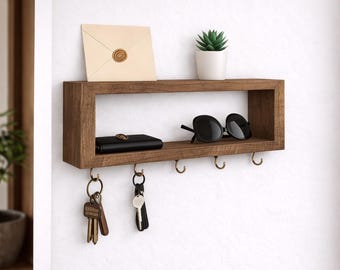 Wooden Wall Shelf with Hooks for Entryway – Wall Mounted Key Holder Organizer with Storage Shelf for Wallets, Sunglasses, Leashes & Scarves