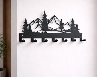 Metal Wall Key Holder with Mountain Forest Design – Decorative Key Hanger Hooks for Entryway, Coats, Jackets & Home Decor
