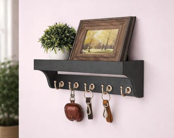 Wall Mounted Key Holder with Shelf, Entryway Organizer, Rustic Wooden Wall Shelf with 5 Hooks, Mail Holder Sunglasses Rack Home Decor