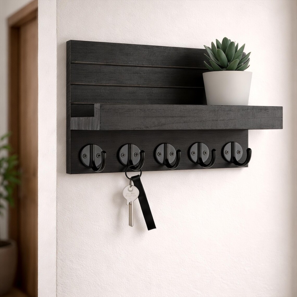Wall Mounted Wooden Key Holder With Shelf and 5 Hooks, Entryway Mail ...