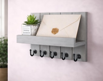 Rustic Wooden Wall Mail Organizer with Key Hooks, Entryway Shelf for Keys Wallets & Coats, Farmhouse Wall Mounted Key Holder Decor