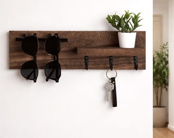 Rustic Wooden Wall Key Holder with Shelf – Entryway Organizer with 3 Hooks, Sunglasses Rack, Mail Storage & Modern Farmhouse Home Decor