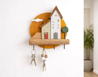 Rustic Wooden Key Holder with Shelf – House Design Entryway Organizer, Decorative Wall Key Rack with Hooks, Farmhouse Wall Mounted Decor