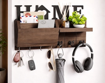 Dark Wood Key Holder with Shelf – Entryway Organizer with 7 Hooks