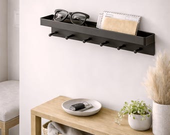 Wall Mounted Key Holder with Mail Shelf, Entryway Wall Organizer for Keys and Letters, 6 Hooks Storage Rack, Kitchen & Bathroom Wall Decor