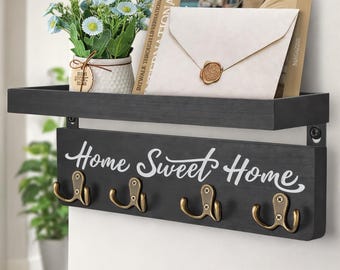 Wooden Wall Key Holder with Shelf, Entryway Organizer with Mail Storage, Home Sweet Home Decor, 4 Double Hooks for Keys & Accessories Wall
