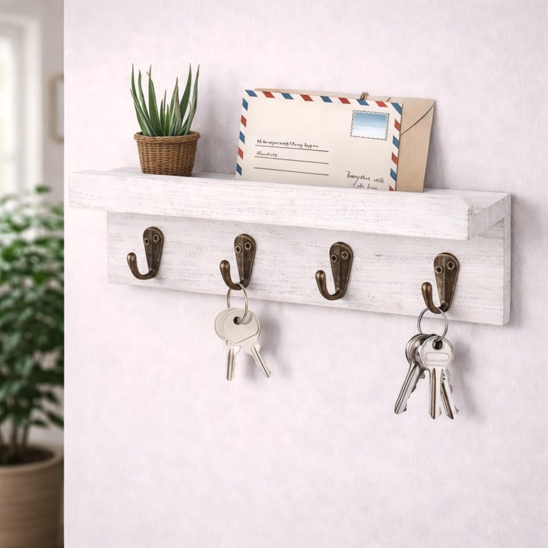 Wall Mounted Wooden Key Holder with Shelf and 4 Hooks, Rustic Entryway Key Rack Organizer for Hallway, Home Wall Storage Decor Entryway White