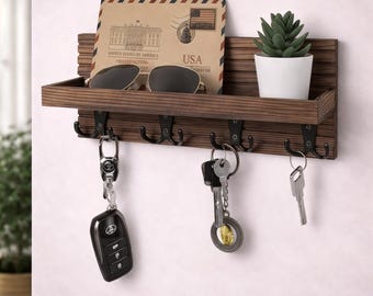 Rustic Wooden Key Holder Wall Mount with Mail Organizer Shelf – Farmhouse Entryway Key Rack with 4 Double Hooks for Keys, Sunglasses & Lette