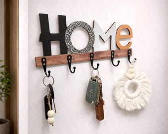 Wooden Wall Key Holder with Hooks, Decorative Entryway Organizer for Keys & Mail, Rustic Home Wall Storage for Entryway or Living Room Decor