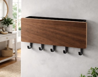 Wooden Wall Key Holder with 5 Hooks and Storage Compartment, Modern Entryway Key Rack Organizer, Space Saving Wall Mounted Home Decor