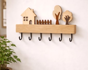 Wooden Wall Key Holder with Shelf and 6 Hooks – Entryway Key Rack Organizer, Rustic Farmhouse Wall Mounted Key Hook Decor for Home