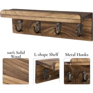 May include: A wooden wall shelf with four metal hooks. The shelf is made of solid wood and has an L-shape design. The hooks are dark metal and are attached to the bottom of the shelf. The text in the image says "100% Solid Wood", "L-shape Shelf", and "Metal Hooks".