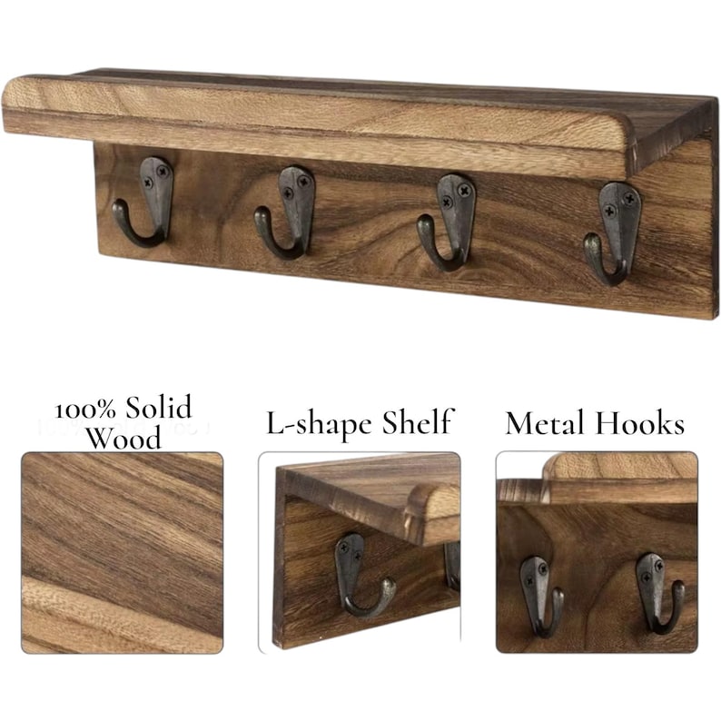 May include: A wooden wall shelf with four metal hooks. The shelf is made of solid wood and has an L-shape design. The hooks are dark metal and are attached to the bottom of the shelf. The text in the image says "100% Solid Wood", "L-shape Shelf", and "Metal Hooks".