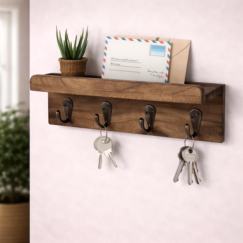 Wall Mounted Wooden Key Holder with Shelf and 4 Hooks, Rustic Entryway Key Rack Organizer for Hallway, Home Wall Storage Decor Entryway Walnut brown