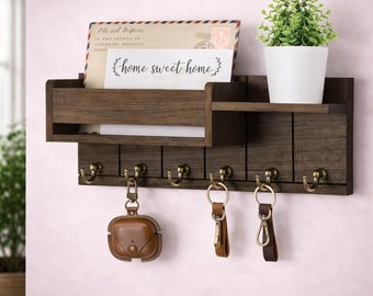Rustic Wooden Key Holder with Shelf – Wall Mounted Entryway Organizer with 6 Hooks & Mail Storage