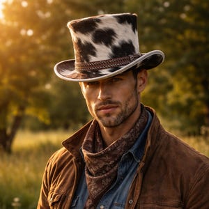 Male model wearing cowhide hair-on-hide top hat styled with western outfit in natural setting
