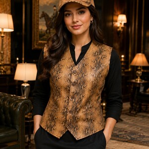 Men Women Snakeskin Leather Vest & Matching Cap Set | Python Print Waistcoat