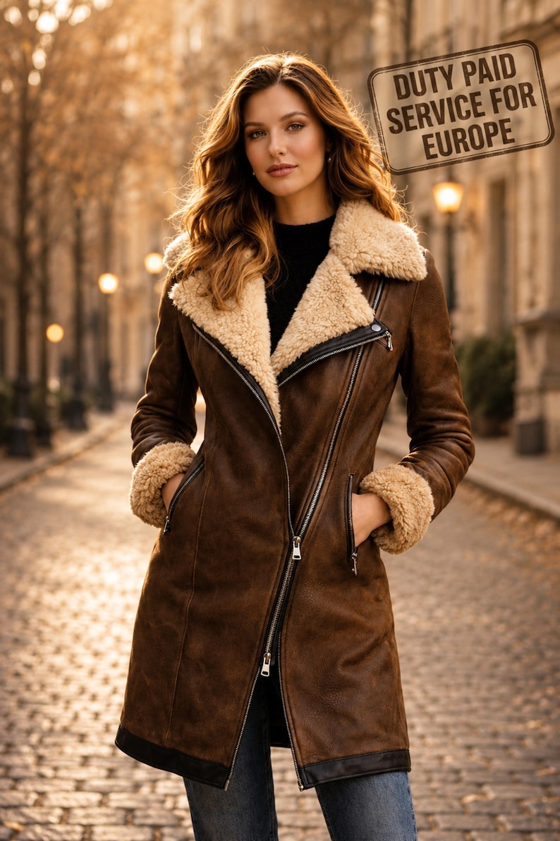 Women’s brown shearling leather coat with faux fur lining, long winter jacket for street style fashion