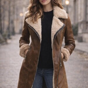 Vintage women’s brown faux shearling coat, vegan leather long jacket with asymmetric zipper for winter wear