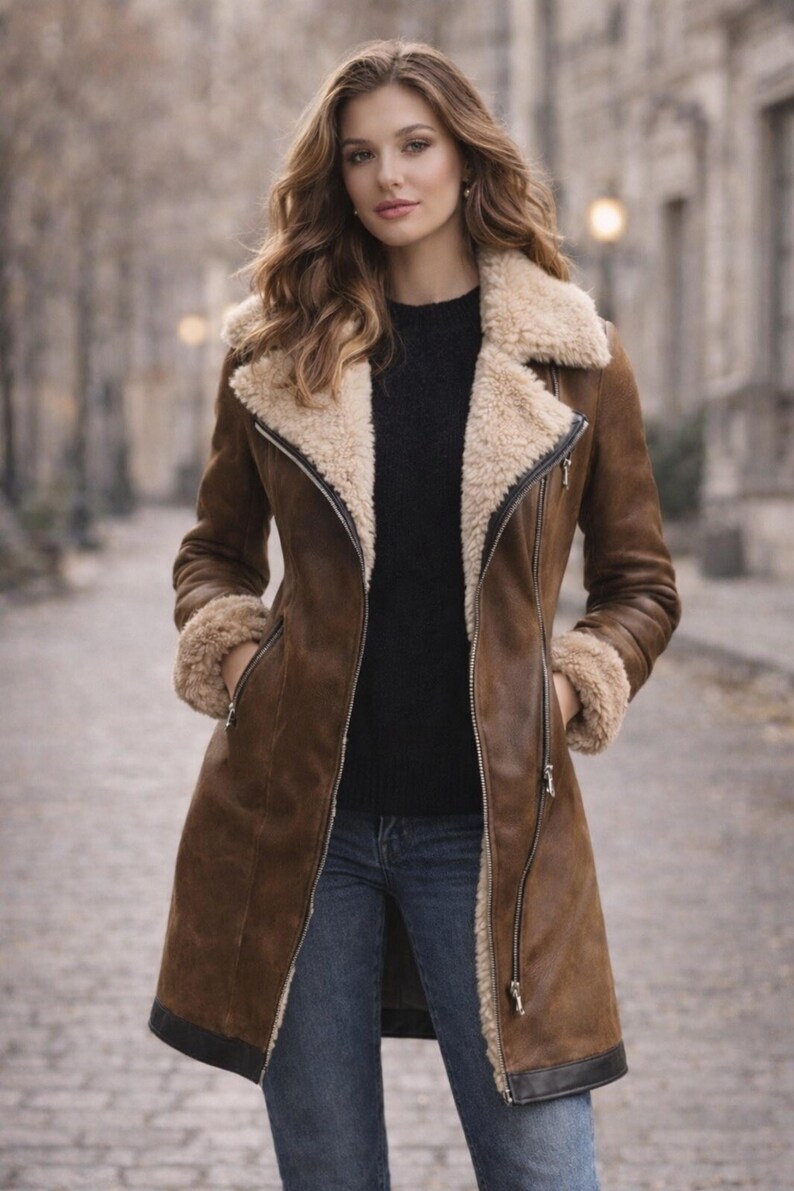 Vintage women’s brown faux shearling coat, vegan leather long jacket with asymmetric zipper for winter wear