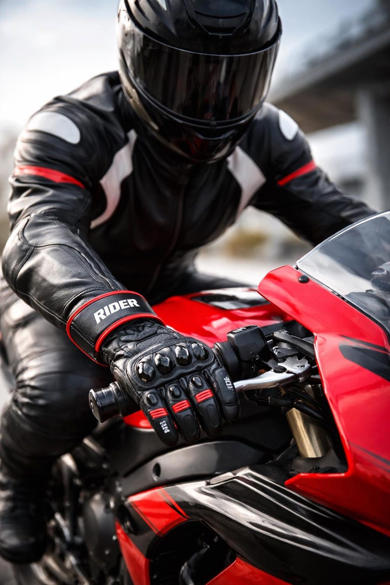 Motorcycle rider wearing black leather riding gloves with hard knuckle protection while riding a sport bike