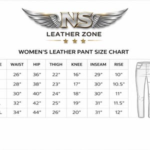 Women leather pants size guide showing waist hip and length measurements for slim fit biker style trousers