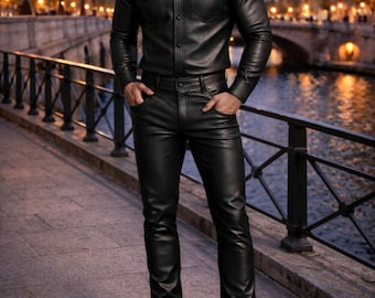 Men Black Leather Shirt Pants Set Slim Fit Outfit Luxury Streetwear Biker Style