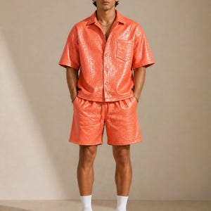 Orange croc embossed leather shirt and shorts set men front view summer outfit