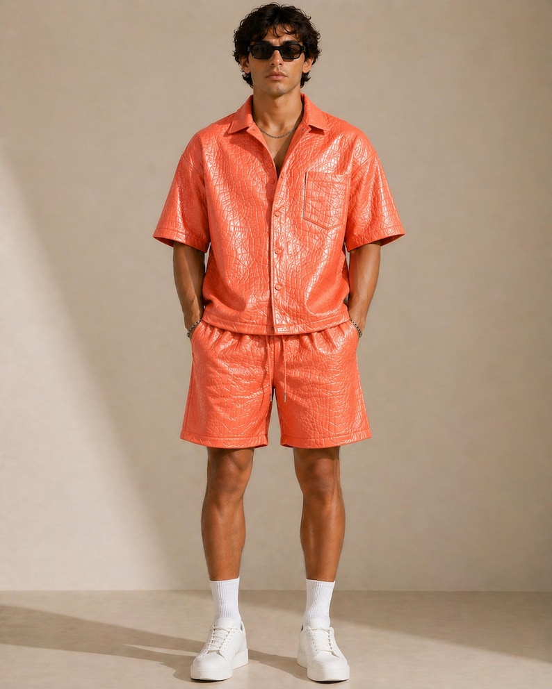 Orange croc embossed leather shirt and shorts set men front view summer outfit