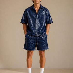 Navy blue croc embossed leather shirt shorts set men modern outfit
