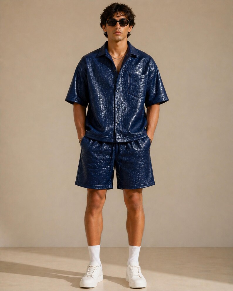 Navy blue croc embossed leather shirt shorts set men modern outfit