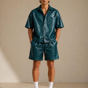 Teal green croc leather co-Ord set men premium summer streetwear