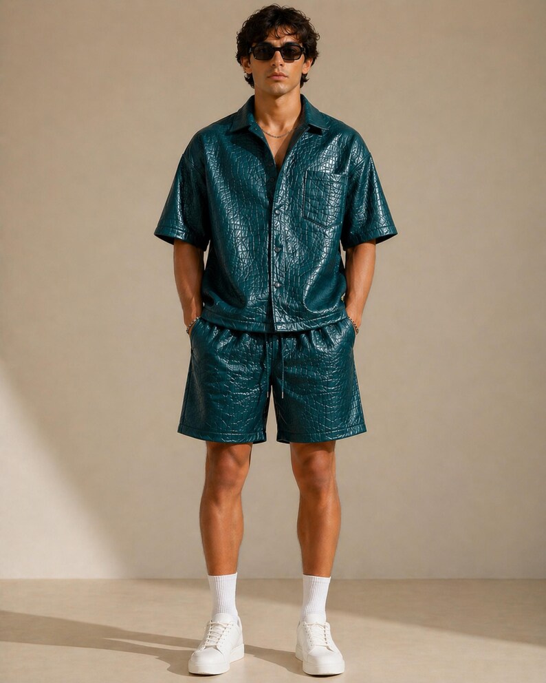 Teal green croc leather co-Ord set men premium summer streetwear