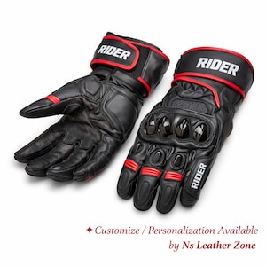 Custom motorcycle riding gloves made from genuine leather with knuckle armor and personalized fit option