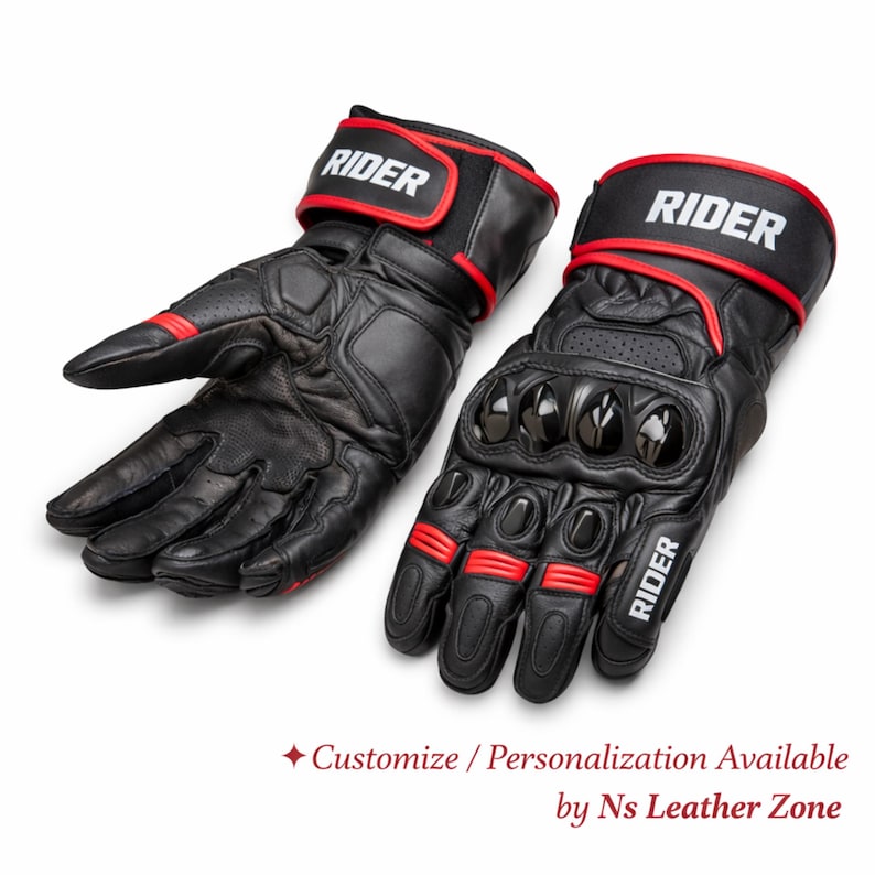 Custom motorcycle riding gloves made from genuine leather with knuckle armor and personalized fit option