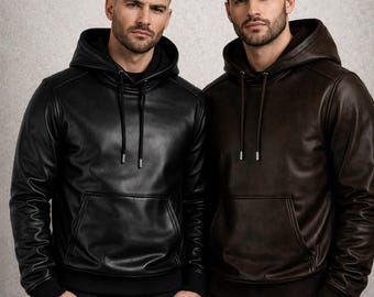 Men’s Leather Hoodie Jacket, Handmade Streetwear Pullover in Black and Brown
