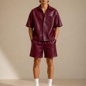 Burgundy croc leather matching set men luxury summer fashion