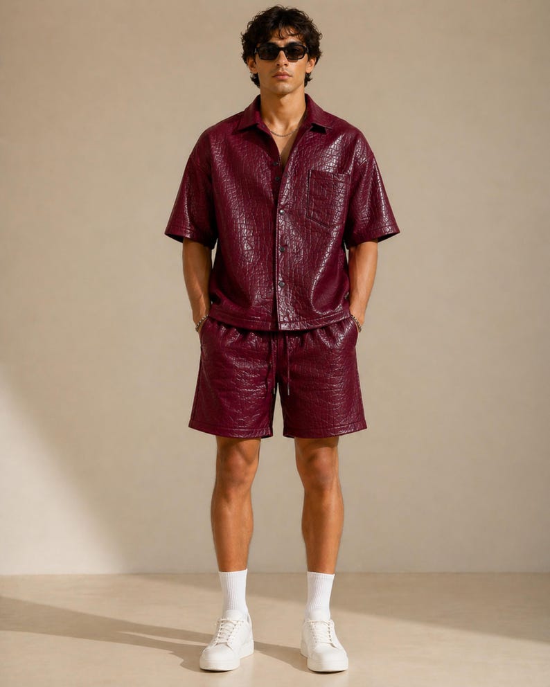 Burgundy croc leather matching set men luxury summer fashion