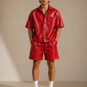 Red croc leather shirt and shorts set men bold fashion outfit streetwear