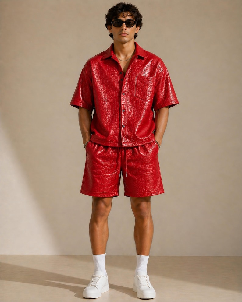 Red croc leather shirt and shorts set men bold fashion outfit streetwear
