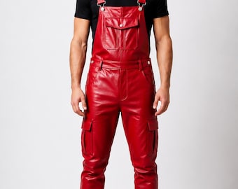Men's Leather Overalls Cargo Bib Pants Handmade Genuine Leather Dungarees Motorcycle Workwear Adjustable Suspenders