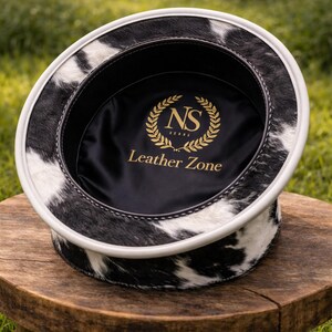 Interior view of handmade cowhide top hat showing soft lining and NS Leather Zone branding