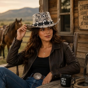 May include: A woman wearing a snakeskin-patterned cowboy hat, brown leather jacket, and blue jeans. She is seated in a wooden rocking chair with a horse and a sign that reads "Cowboys - Leave Your Guns At The Bar" in the background.