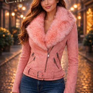 Woman wearing pink suede jacket with faux fur collar, stylish winter outfit, front view, elegant street style look
