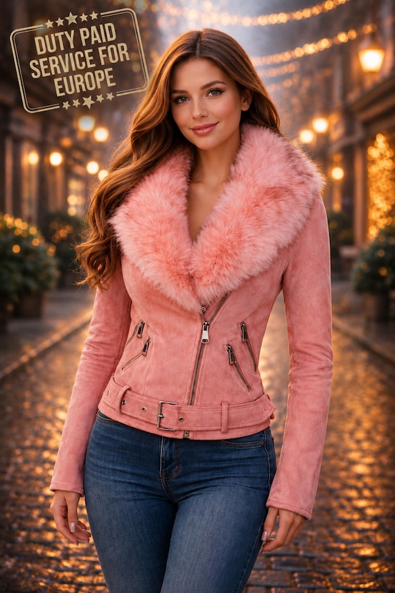 Suede Jacket Women’s Pink Faux Fur, Luxury Winter Coat, Chic Street Style Outerwear