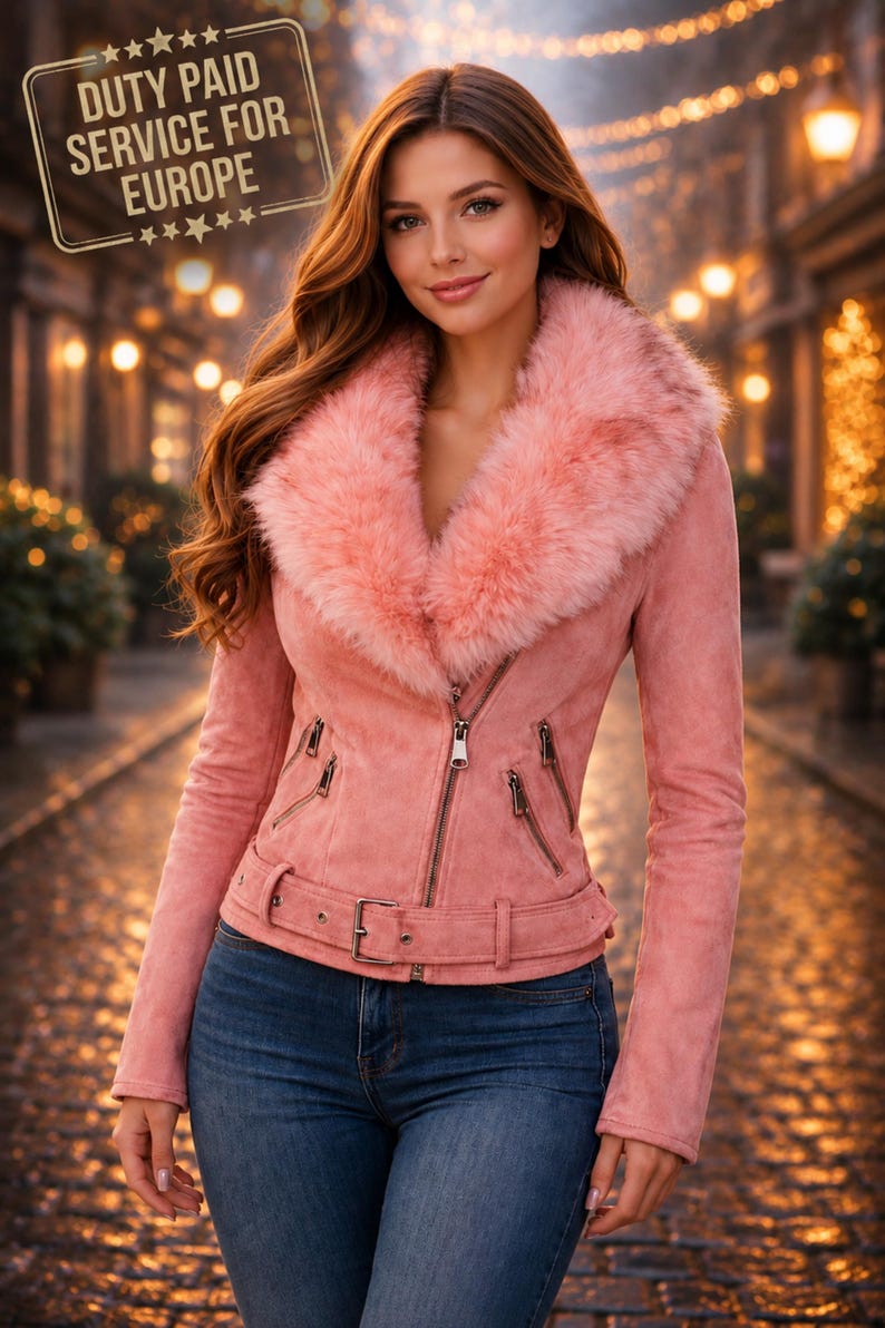 Woman wearing pink suede jacket with faux fur collar, stylish winter outfit, front view, elegant street style look