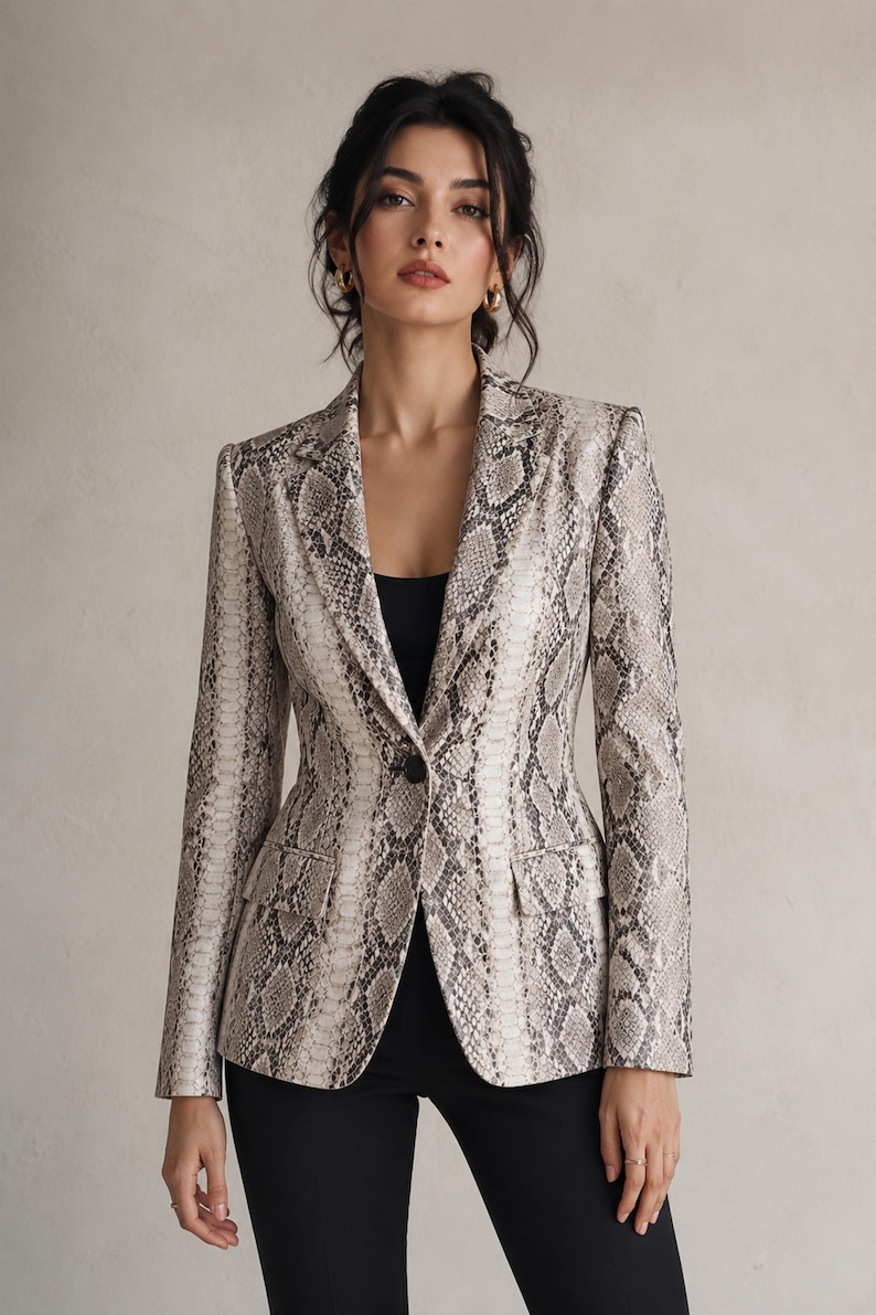 Front full-length photo of tailored snake print blazer styled with black pants for chic office and evening fashion.