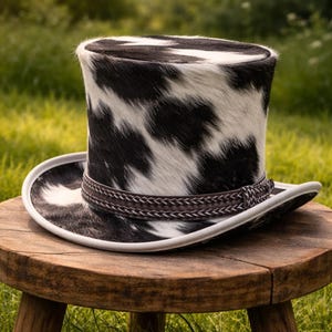 Handcrafted hair-on-hide cowhide top hat featuring braided band and structured western design