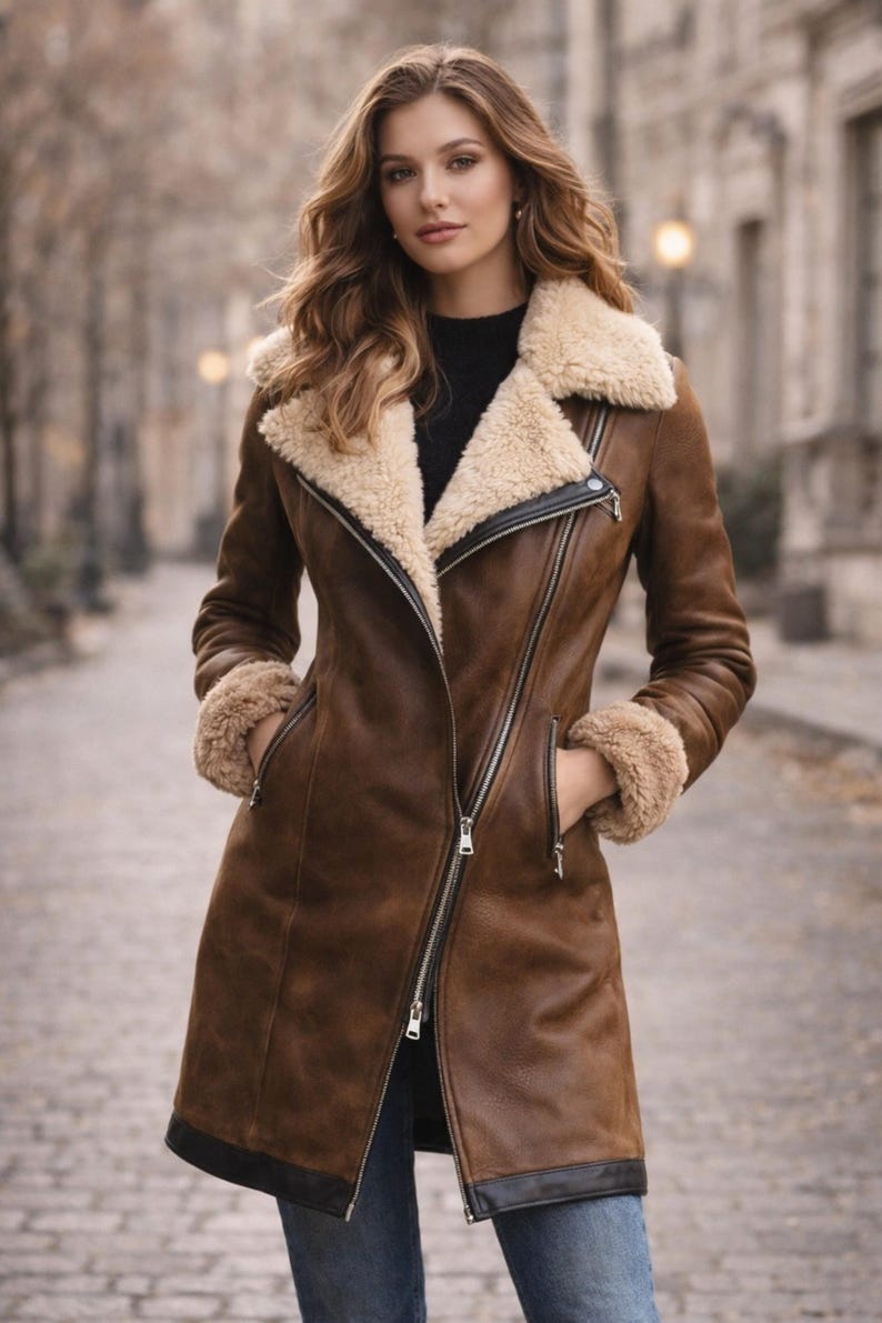 Women’s brown shearling leather coat with faux fur lining, long winter jacket for street style fashion