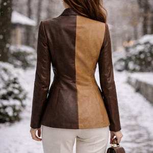 “Back view of a woman wearing a two-tone brown leather blazer with gold double-breasted buttons, tailored fit, luxury office style, showing clean seam lines and structured shoulders.”